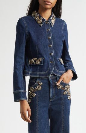 Cinq &agrave; Sept Ivy Crystal Crop Denim Jacket in Fontaine Multi at Nordstrom, Size X-Small