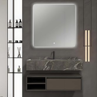 OEM Mobile Bagno Sospeso 1 Cassettone, Base Mobile, Lavabo, Specchio Retroilluminato A Led - Colore Marrone 80 Cm
