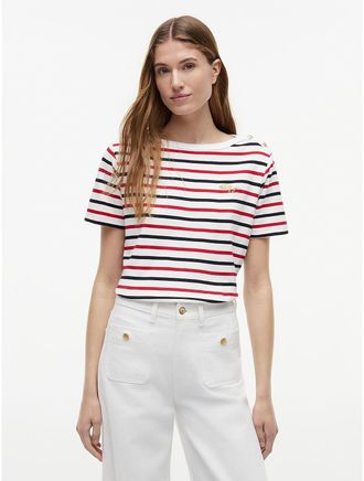 Tommy Hilfiger Womens Stripe Gold-Button Interlock T-Shirt - White - XXL