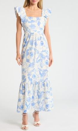 London Times Ruffle Sleeve Square Neck Maxi Dress in Soft White/Perriwinkle at Nordstrom Rack, Size 18
