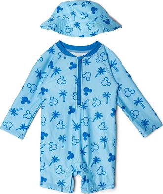 Disney Mickey Mouse Baby Boys Swimwear One Piece Sunsuit and Hat Set in Light Blue Mickey at Nordstrom, Size 3-6M