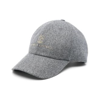 Brunello Cucinelli Grijze Wollen Pet met Logo Borduursel - Heren - Petten - Grijs - M - Wol - Accessoires