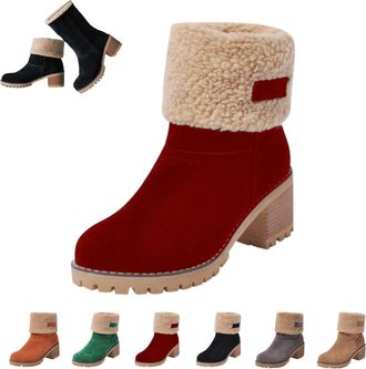 Generic Winter Boots For Women uk,Winter Warm Chunky Heel Snow Boots Wide Width Fleece Fur Lined Block Heels Ankle Boot Mid Calf Comfortable Booties Slip On S