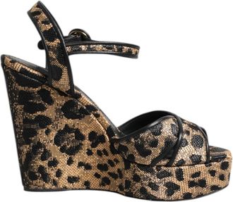 Dolce & Gabbana Luipaard Wig Enkelband Sandalen - Dames - Sleehakken - Bruin - 36 EU - Leer - Schoenen