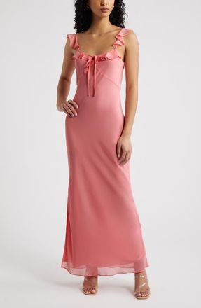 Open Edit Ruffle Chiffon Maxi Dress in Pink Flamingo at Nordstrom, Size Xx-Small