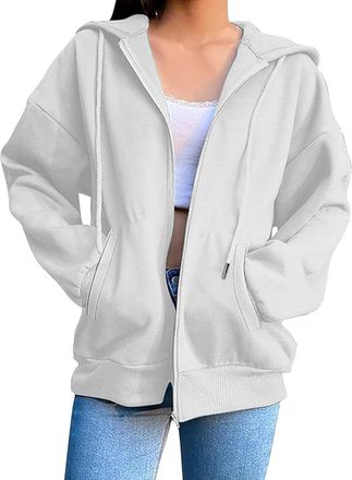 Generic Zip Up Hoodies For Women Uk Solid Color Sweatshirt Hood Drawstring Casual Long Sleeves Jackets With Pockets Lightweight Loose Fit Hooded Cardigan Clas