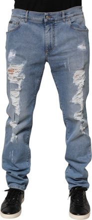 Dolce & Gabbana Mens Blue Tattered Slim Fit Cotton Denim Jeans Elastane Clothing