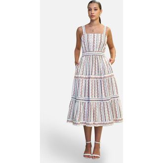 Yumi Botanical Stripe Lace Trim Midi Dress in White at Nordstrom, Size 12