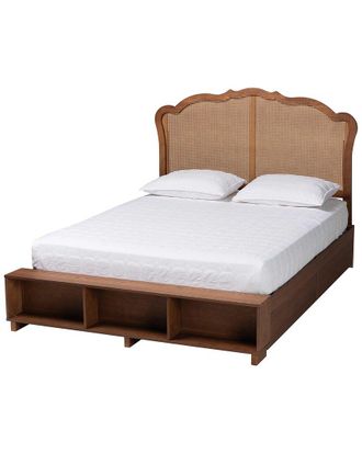 Baxton Studio Latrell Mid-Century Wood & Rattan Queen Size Storage Bed