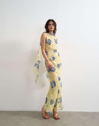 Topshop Vestito lungo da cerimonia in jacquard a pois con schiena scoperta e stampa a fiori blu e limone-Verde
