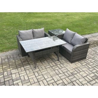 Fimous 4 Seater Rattan Outdoor Garden Furniture Set Rectangular Dining Table and Loveseat Sofa Set With Side Table Dark Grey Mixed - Fimous