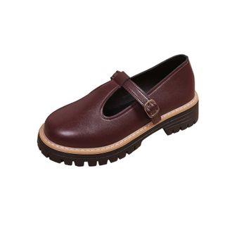 Generic Womens Loafers Chunky Heeled Loafer Shoes Round Toe Solid Color Non-Slip Comfortable Classic Casual Walking Shoes with Buckle Strap Work Leisure