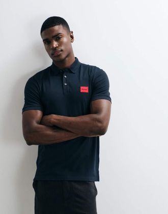 HUGO BOSS HUGO Red - Polo slim blu navy con riquadro rosso sul petto