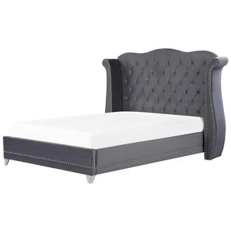 Beliani Beliani - Cama Con Somier De Terciopelo Gris 180 X 200 Cm Listones Cabecero Capiton&eacute; Ayette