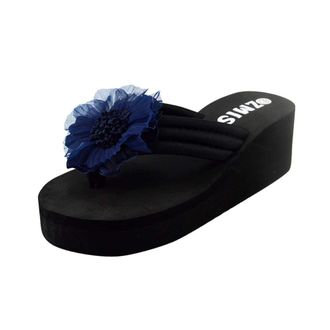 Generic Flops Flip Ladies Wedges Womens Beach Flower Slippers Home Summer Sandals Shoes Womens sandals Foam Flip Flops for Women Wedge (Navy, 4)