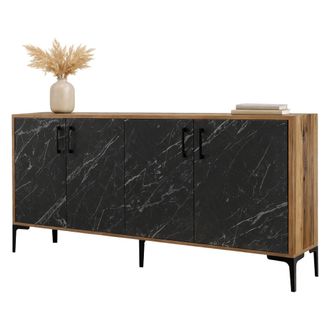 Dmora Aparador Sinopoli, Mueble 2 Estantes, 4 Puertas, 4 Compartimentos, 160x35x78h Cm M&aacute;rmol Negro