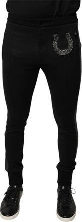 Dolce & Gabbana Sweatpants, male, Black, Size: XS Horseshoe Embellished Wool Slim Fit Pants