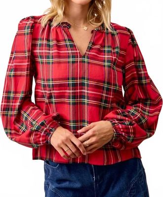Bibi Christmas Plaid Balloon Sleeved Top In Red