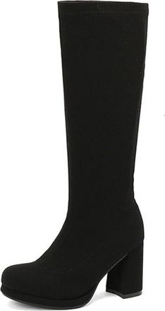 Generic Womens Knitted Block Heel Round Toe Knee High Boots Slip On Comfort Versatile Winter Shoes (Black,7.5)