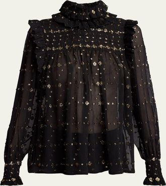Saint Laurent Smocked Sheer High Neck Embroidered Blouse