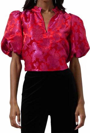 Sugarlips Dylan Floral Jacquard V-Neck Top In Pink Red