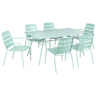 Beliani Conjunto De Comedor Exterior 6 Plazas Mesa De Hierro Tablero Con Orificio Sillas Acabado Con Recubrimiento En Polvo Verde Menta Terenzo