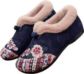 Generic Dritnow Womens Warm Floral Winter Ankle Boots, Winter Shoes Cozy Fleece Lined Lightweight Non-Slip Everyday Shoes (Blue,41)
