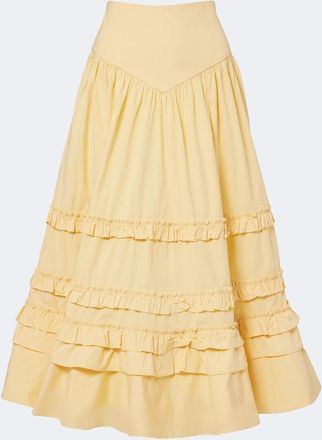 Ganni Ruffled shirred tiered cotton-blend midi skirt