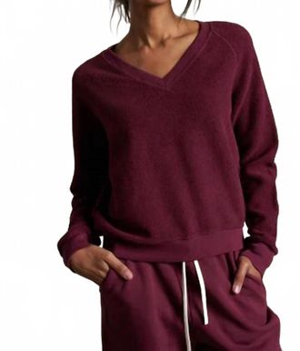 perfectwhitetee Zuri Reverse Fleece V-Neck Sweater In Dark Burgundy
