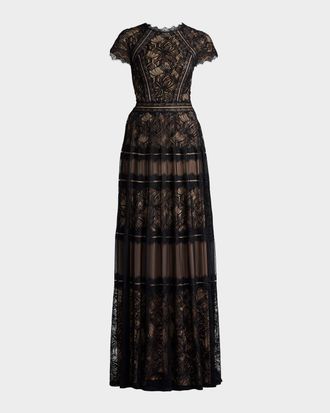 Tadashi Shoji Tiered Scallop-Trim Lace Gown