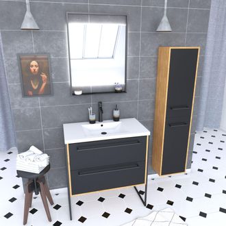 Aurlane Mueble De Ba&ntilde;o 80cm, Lavabo Blanco, Espejo Led Y Columna - Roble Y Negro