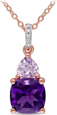 Amour Amethyst-Africa, Rose De France and Diamond Heart Accent Solitaire Pendant with Chain In 2-Tone Rose and White Sterling Silver