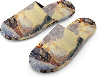 Generic Vintage Steam Train Mens Cotton Slippers Memory Foam Comfort House Shoes Winter Indoor Slipper for Hotel Casa Spa