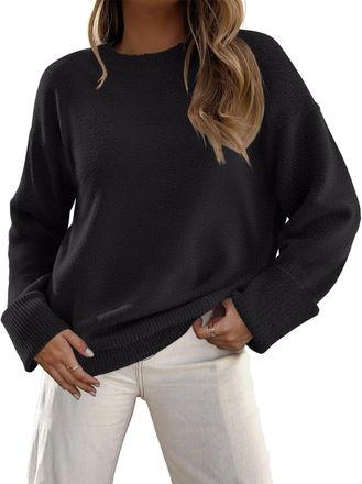Zeagoo Jumpers for Women UK Oversized Crew Neck Jumper Knitted Sweater Long Sleeve Ladies Chunky Winter Fluffy Pullover Womens Autumn Sweaters Black XL