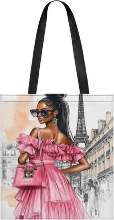 Generic Black Women In Paris E-iffel Tower Womens Tote Casual Shopping Bag Lightweight Shoulder Bags Hobos Handbag for Work Travel Daily 35x40cm