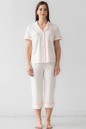 Salua Classic Luxury Capri Pajamas in Brushed Pima Cotton in White/neon Pink at Nordstrom, Size X-Large
