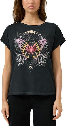 QS by s.Oliver Rundhalsshirt QS, Damen, Gr. XXL (44), schwarz, Jersey, Obermaterial: 100% Baumwolle, bedruckt, normal h&uuml;ftbedeckend, Rundhals, Shirts Rundhalsshirt, 