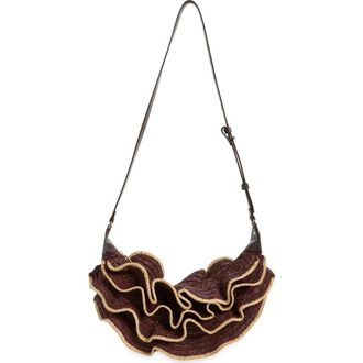 Zimmermann Goldentime Ruffle Woven Raffia Shoulder Bag in Chocolate at Nordstrom