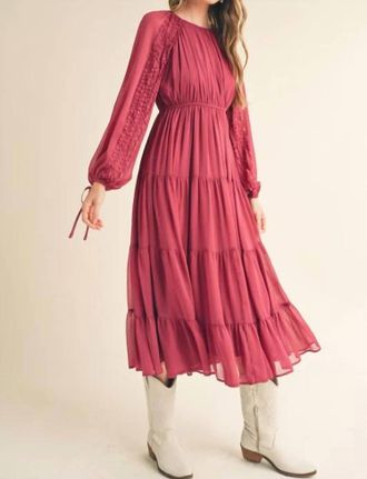 Merci Tiered Ruffle Sleeve Midi Dress In Raspberry
