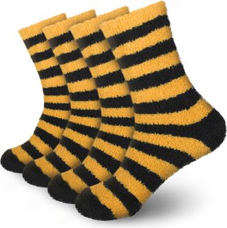 BambooMN Super Soft Fuzzy Team Spirit Socks - Striped - 4 Pairs - Black and Yellow - S-M