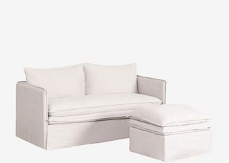 Sklum Conjunto De Sal&oacute;n Con Sof&aacute; De 2 Plazas Y Puff En Lino Y Algod&oacute;n Grace Sklum