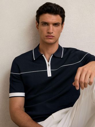 Reiss Navy & white Half-zip Tipped Polo Shirt, Xxl