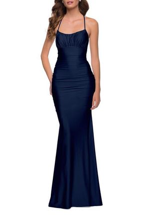 La Femme On Trend Jersey Long Dress with Ruching on Bodice in Navy at Nordstrom, Size 10