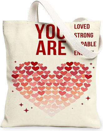 Generic ValentineS Day Heart Canvas Tote Bags, Inspirational Love Pattern Reusable Grocery Bags, Lightweight Washable Shoulder Str, Cream, 13x15 Inch