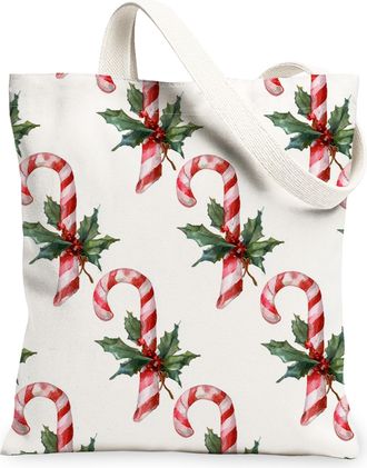 Generic Candy Cane Canvas Tote Bags, Christmas Plant Pattern Reusable Grocery Bags, Fun Lightweight Washable Shoulder Strap for Travel Beach 13x15 Inch