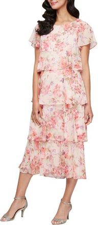 S.L. Fashions Tiered Floral Cocktail Midi Dress in Peach Multi at Nordstrom, Size 12