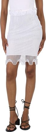 Burberry Ladies Optic White Ruffled Detail Fishnet Pencil Skirt, Brand Size 10 (US Size 8)