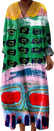 Generic Dresses for Women Maxi Dresses for Women UK Blue Casual Holiday Sun Summer Dress Long Sleeve V-Neck Beach Plus Size Dress Linen Cotton Summer UK Ladie