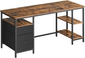Vasagle Escritorio con 3 estantes y 2 cajones de color marr&oacute;n y negro
