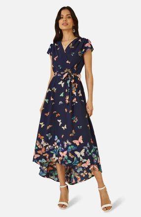 Yumi Butterfly Print Dip Hem Midi Wrap Dress in Navy at Nordstrom, Size 12